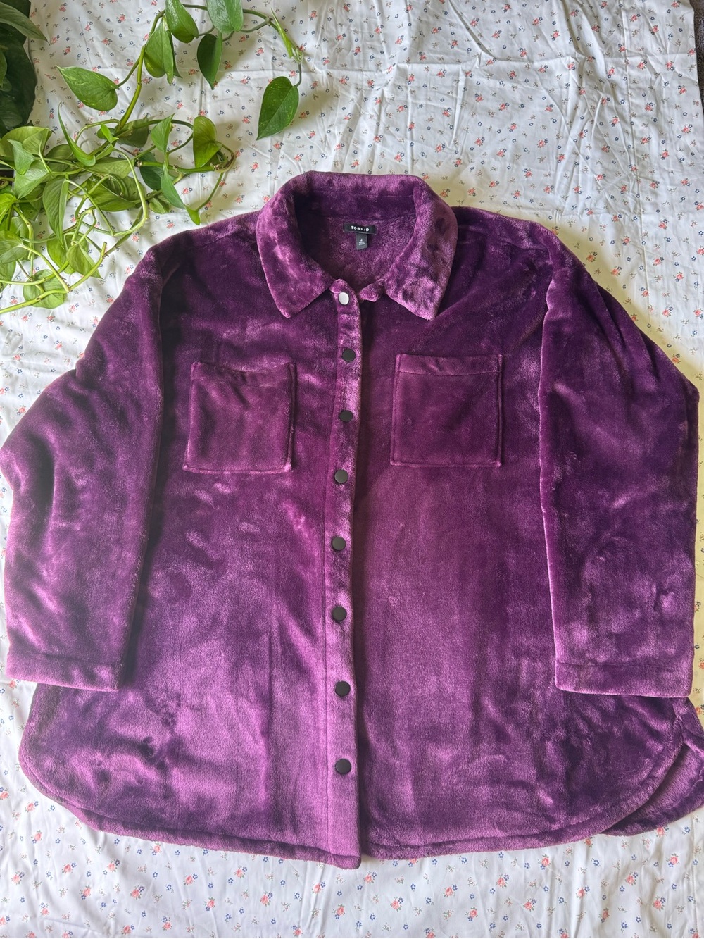 Torrid Women’s Plus Size Plush Button-Down Shacket in Deep Purple